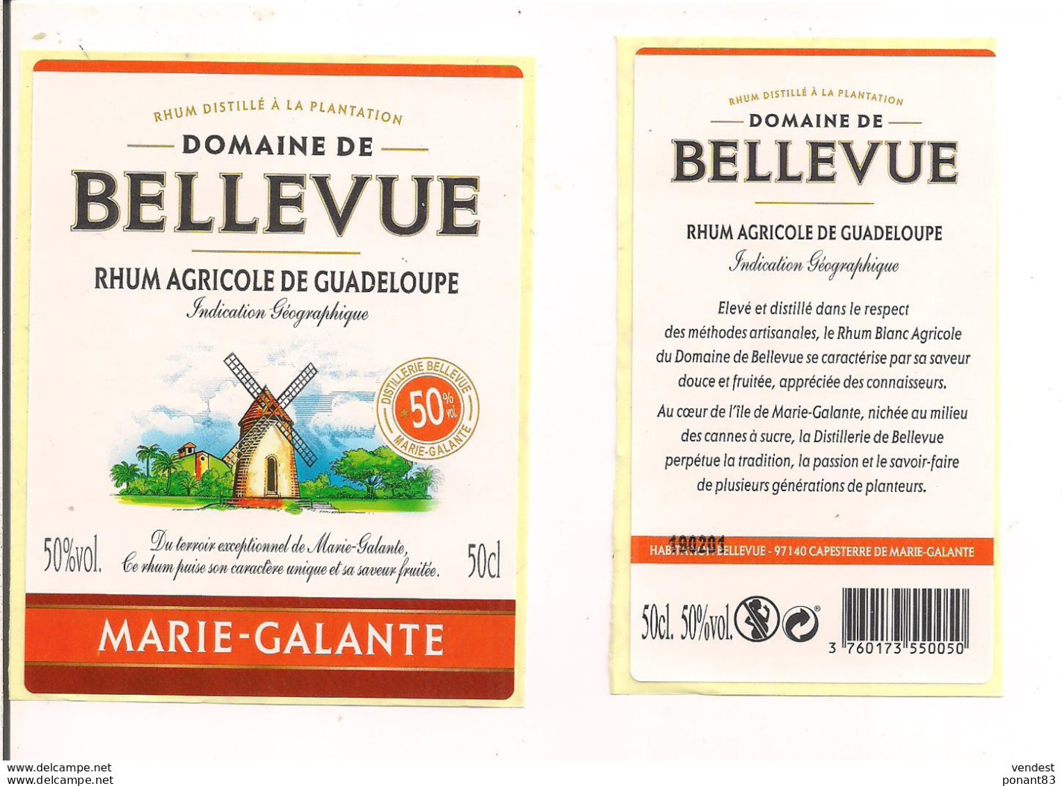 Etiquette Rhum Agricole - Domaine De  Bellevue - 50c L-  50% - Marie Galante - GUADELOUPE -  Thème Moulin - - Rum