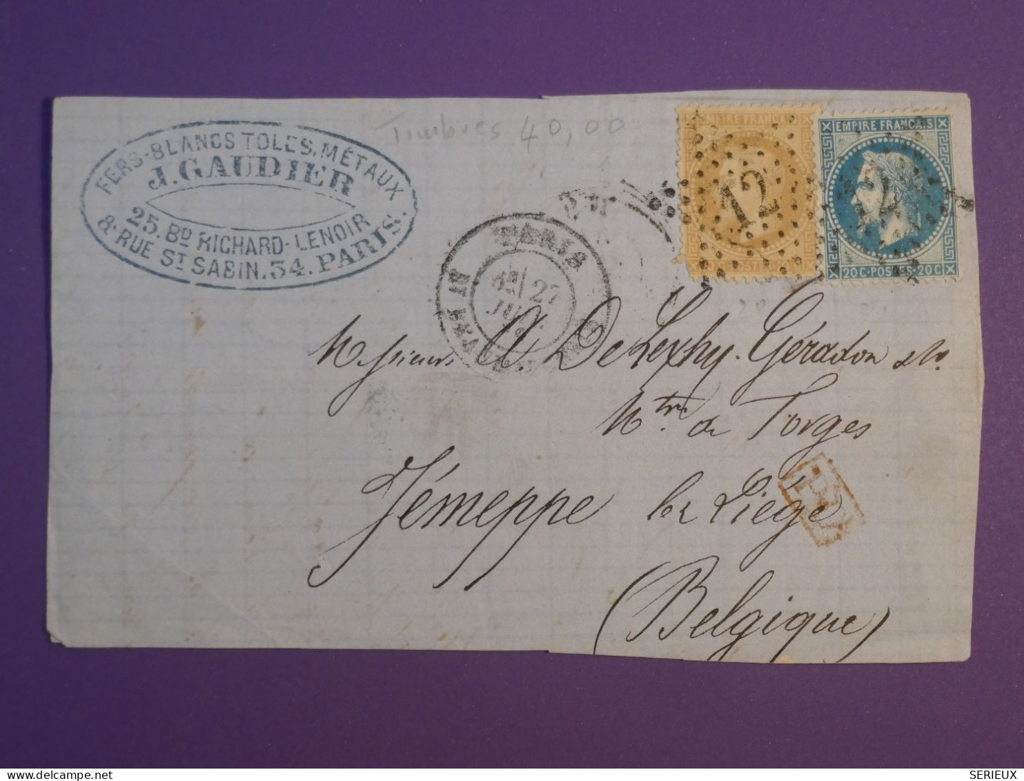 AB0  FRANCE LETTRE DEVANT 1875 ETOILE DE PARIS N°12  POUR JEMMAPES BELGIQUE +NAPOLEONS +++AFF. INTERESSANT++ - 1849-1876: Période Classique