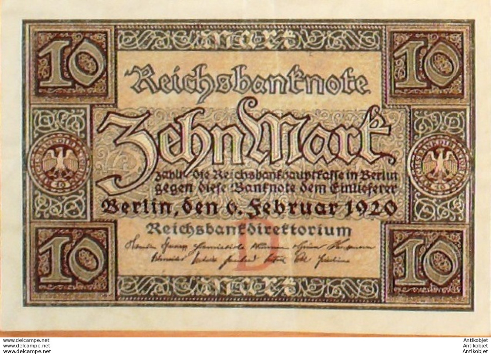 Billet De Banque Allemagne 10 Mark Reichsbanknote 1920 - 10 Mark