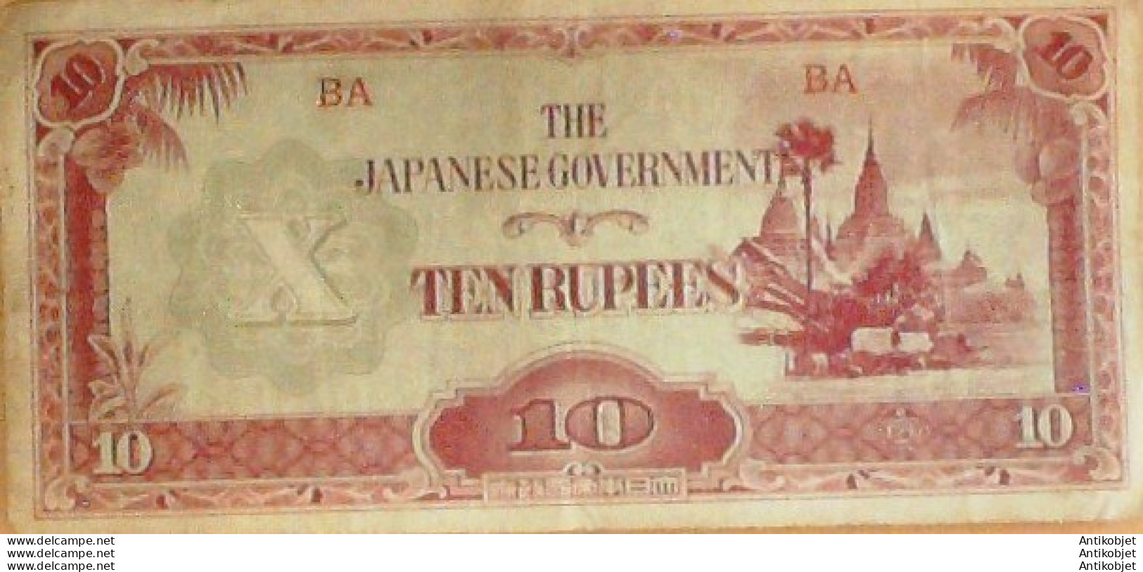 Billet De Banque Birmanie 10 Roupies Occupation Japon 1943 - Bank & Versicherung