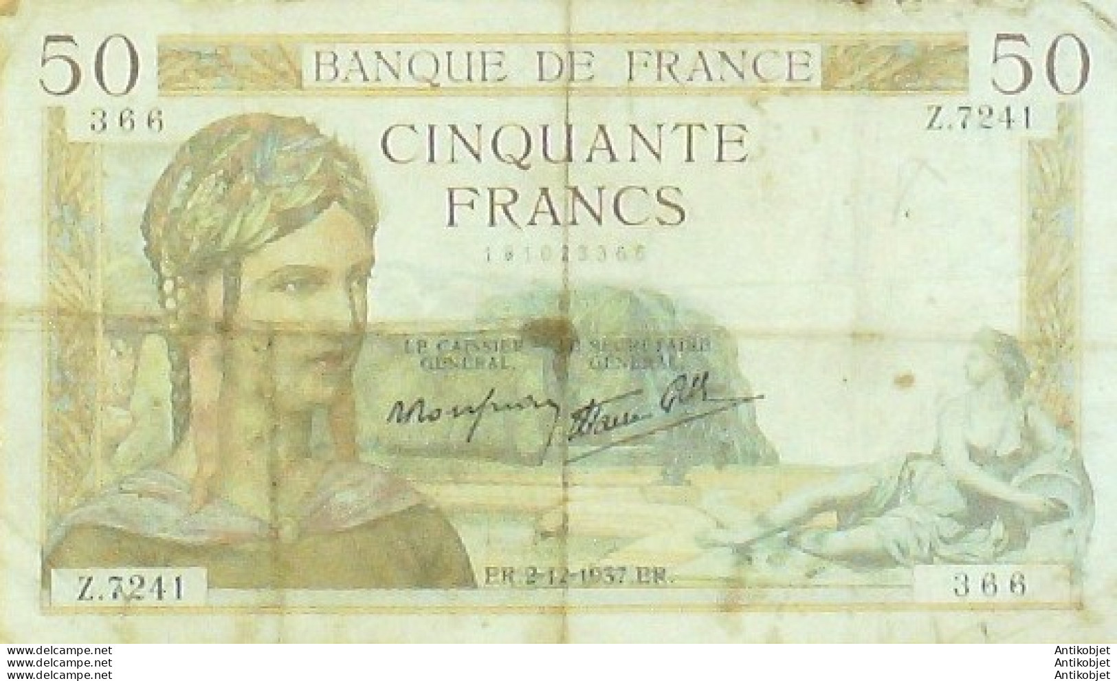 Billet De Banque De France 50 Fr Cérès 2-12-1937 - Banca & Assicurazione