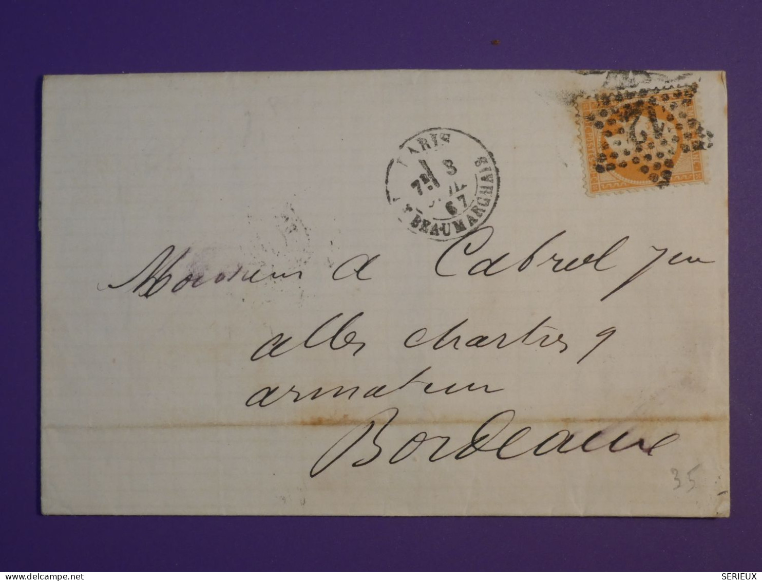 AB0  FRANCE BELLE  LETTRE 1867 ETOILE DE PARIS N°12  POUR  BORDEAUX +NAPOLEON 40C  +++AFF. INTERESSANT++ - 1849-1876: Periodo Clásico