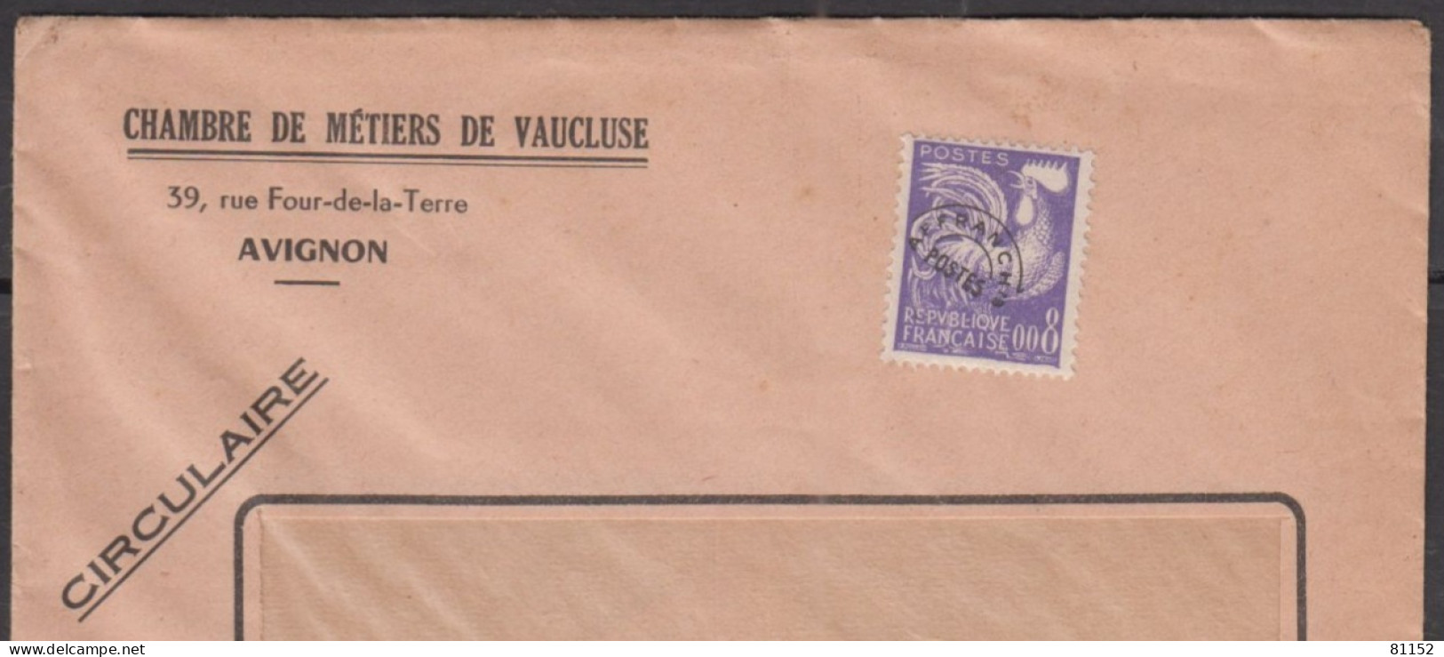 Préoblitéré  Coq Gaulois 8F Violet   Y.T.109  Sur Lettre Fenetre Pub  " CHAMBRE DE METIERS DE  VAUCLUSE " Avignon - 1953-1960