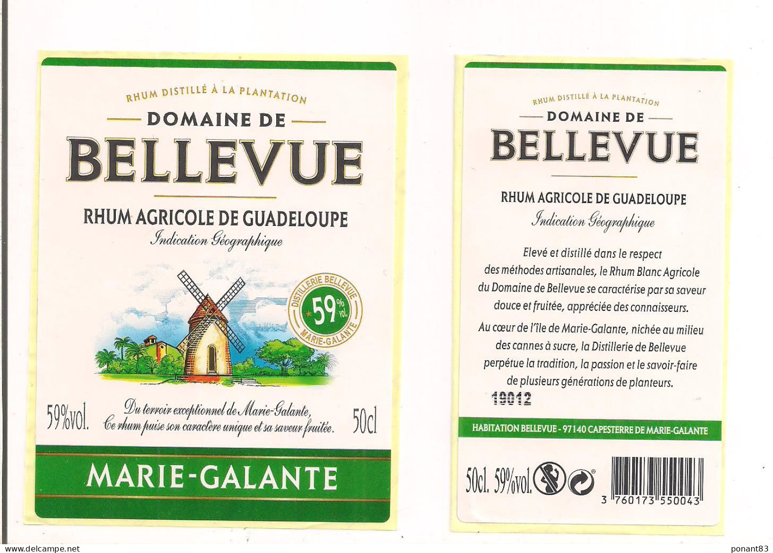 Etiquette Rhum Agricole - Domaine De  Bellevue - 50cl -  59% - Marie Galante - GUADELOUPE -  Thème Moulin - - Rhum