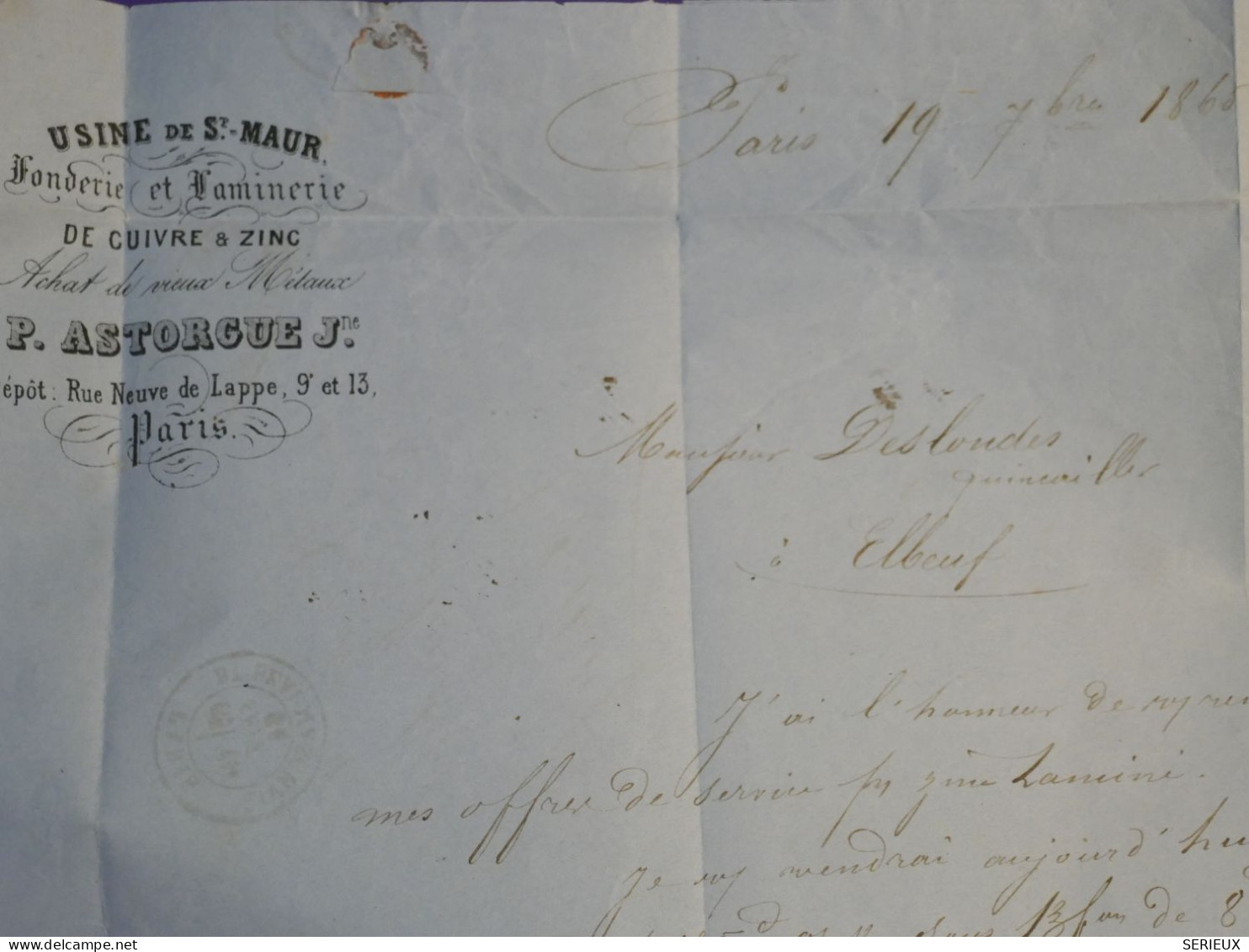 AB0  FRANCE BELLE  LETTRE 1866 ETOILE DE PARIS N°12  POUR ELBEUF  +NAPOLEON N°22  +++AFF. INTERESSANT++ - 1849-1876: Période Classique