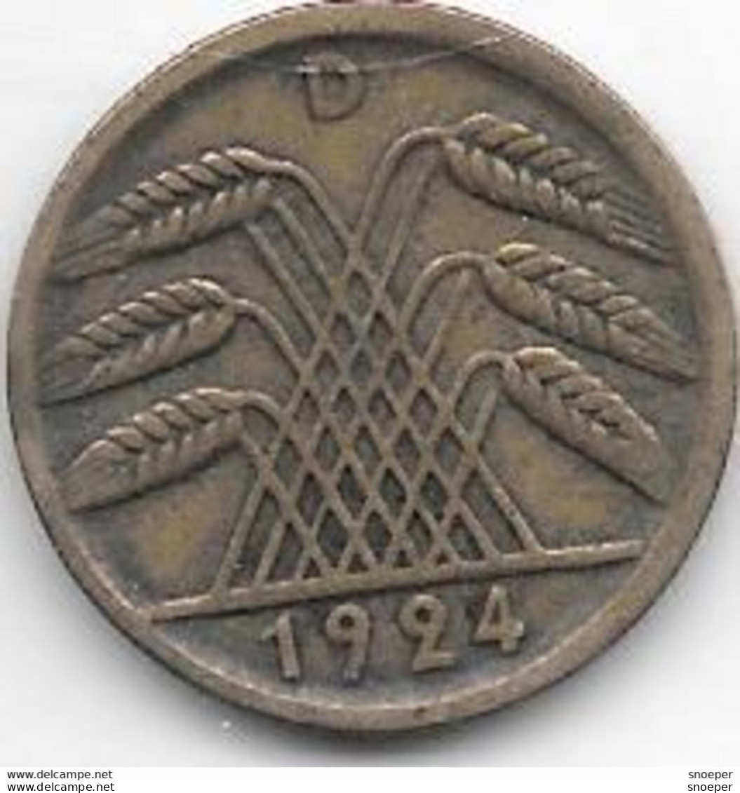 Weimar Rep. 5 Pfennig 1924 D Km 39  VF+ - 5 Renten- & 5 Reichspfennig