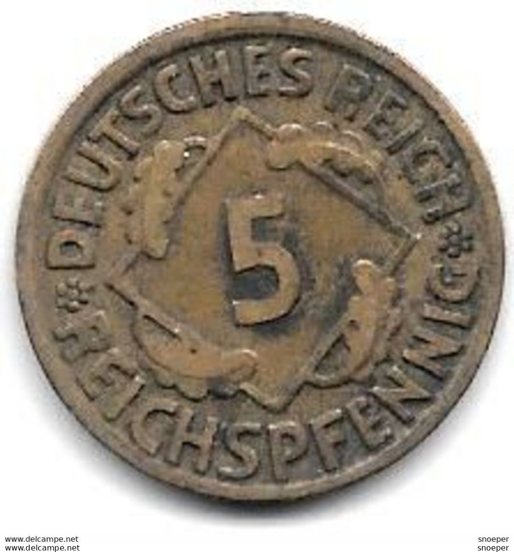 Weimar Rep. 5 Pfennig 1924 D Km 39  VF+ - 5 Rentenpfennig & 5 Reichspfennig
