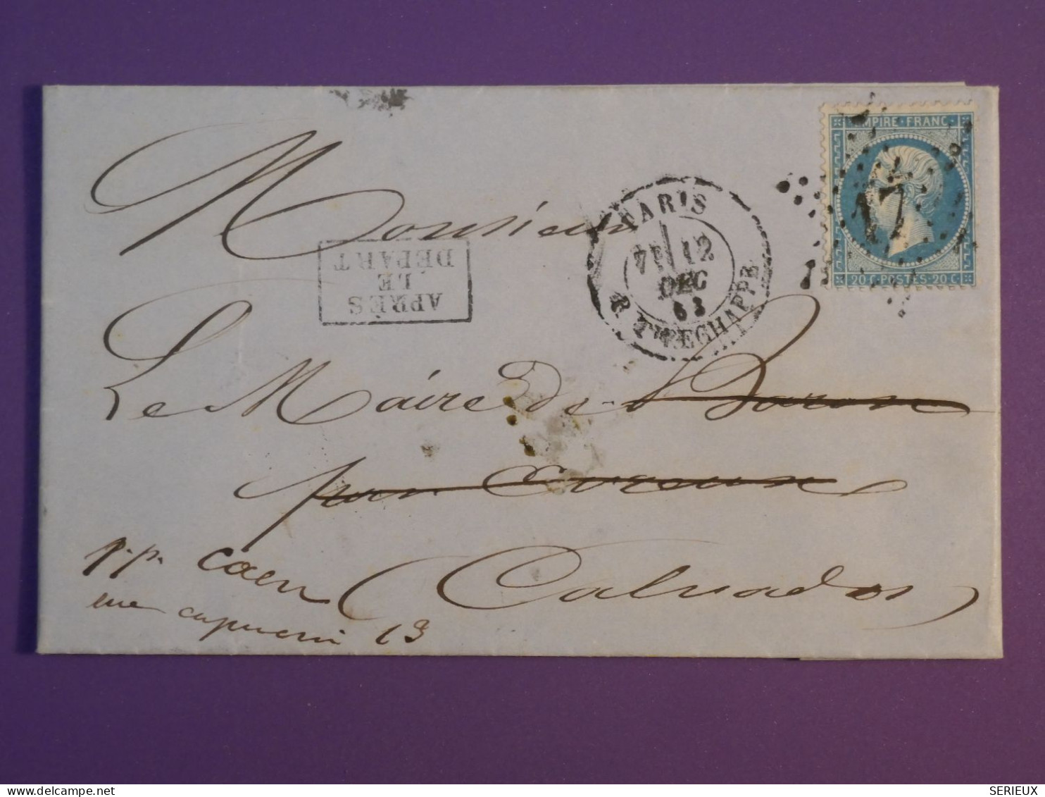 AB0  FRANCE BELLE  LETTRE 1868 ETOILE DE PARIS N°17  POUR REDISTRIB. A CAEN   +NAPOLEON N°22  +++AFF. INTERESSANT++ - 1849-1876: Classic Period