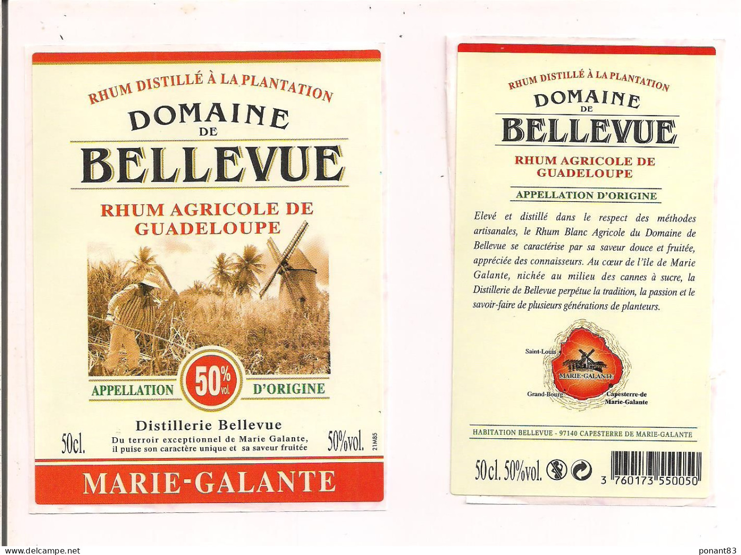 Etiquette Rhum Agricole - Domaine De  Bellevue - 50cl -  50% - Marie Galante - GUADELOUPE -  Thème Moulin Et Coupeur Ca- - Rum