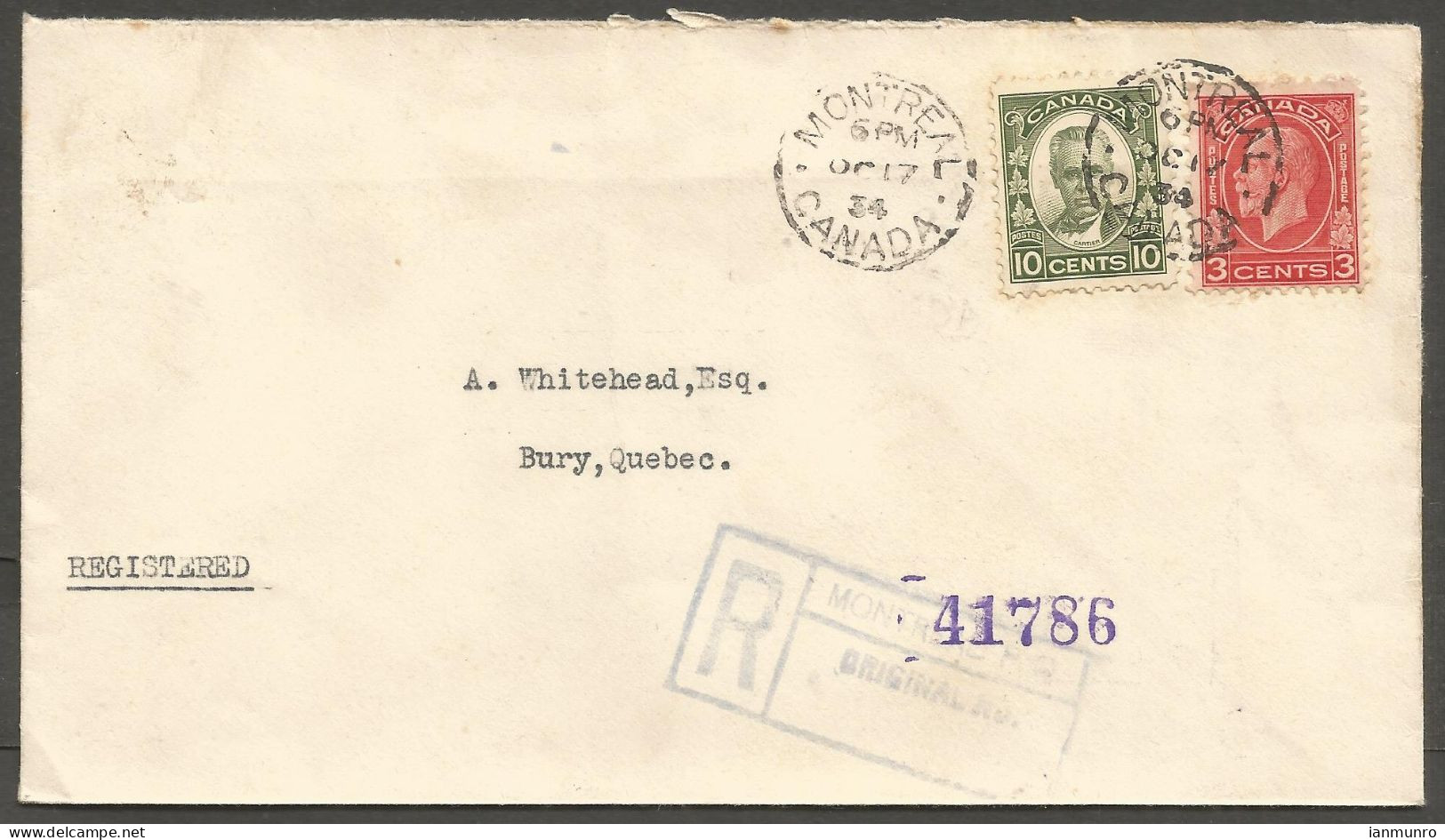 1934 Registered Cover 13c Cartier/Medallion CDS Montreal PQ Quebec To Bury Insurance - Postal History