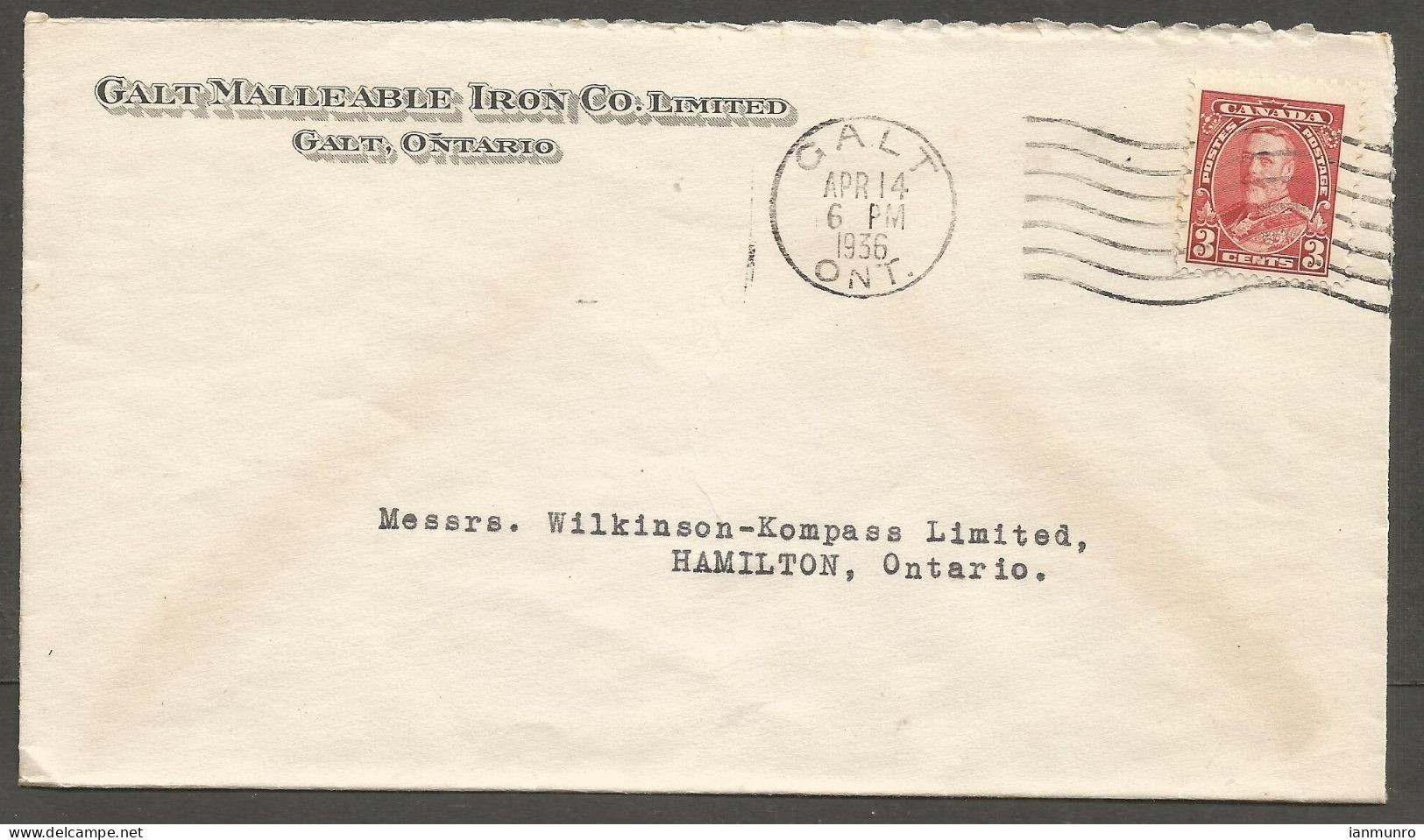 1936 Malleable Iron Co Corner Card Cover 3c GV Pictorial Machine Galt Ontario - Histoire Postale