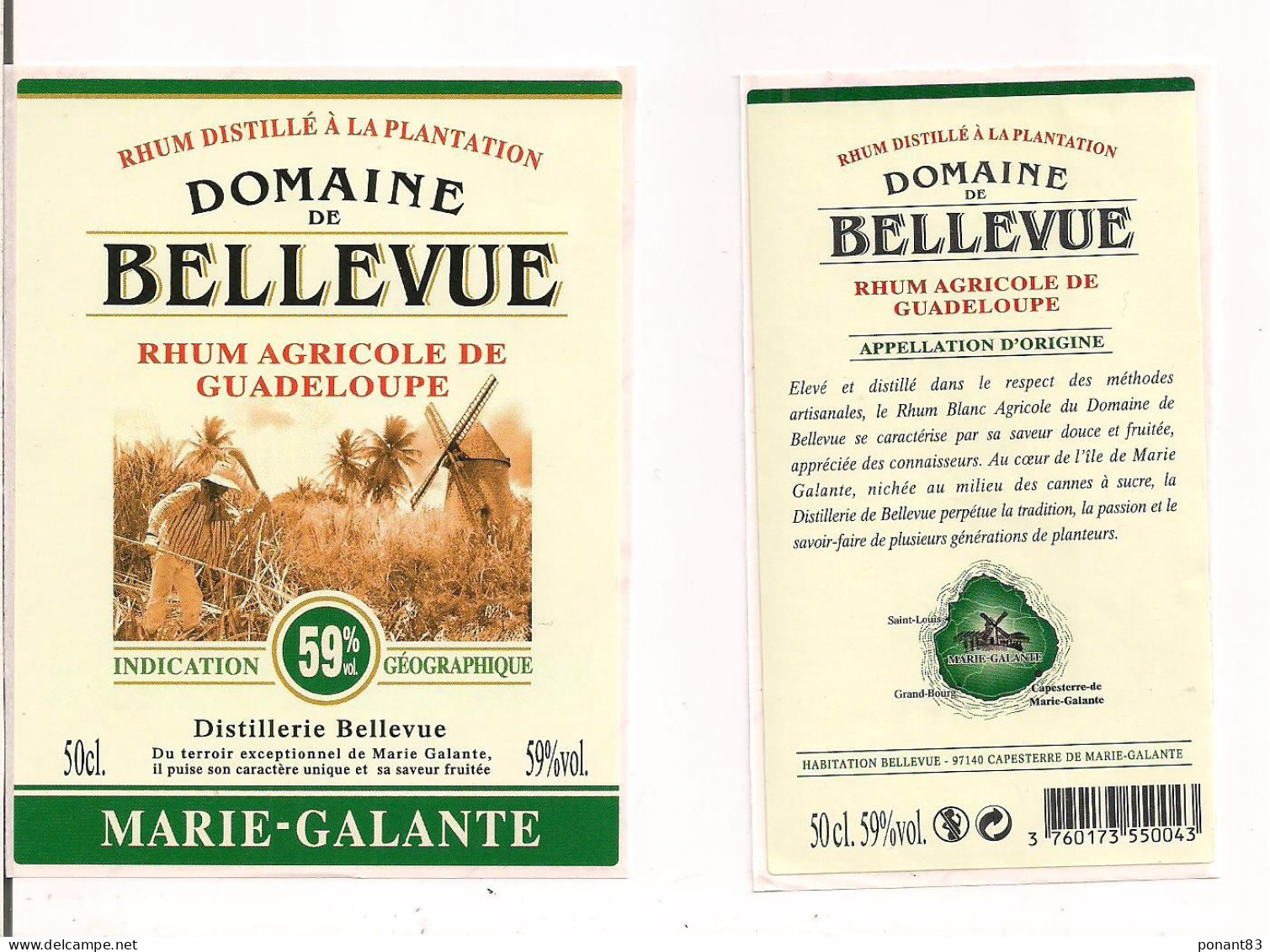 Etiquette Rhum Agricole - Domaine De Bellevue - 50cl - 59% - Marie Galante - GUADELOUPE -  Thème Moulin Et Coupeur Ca- - Rhum