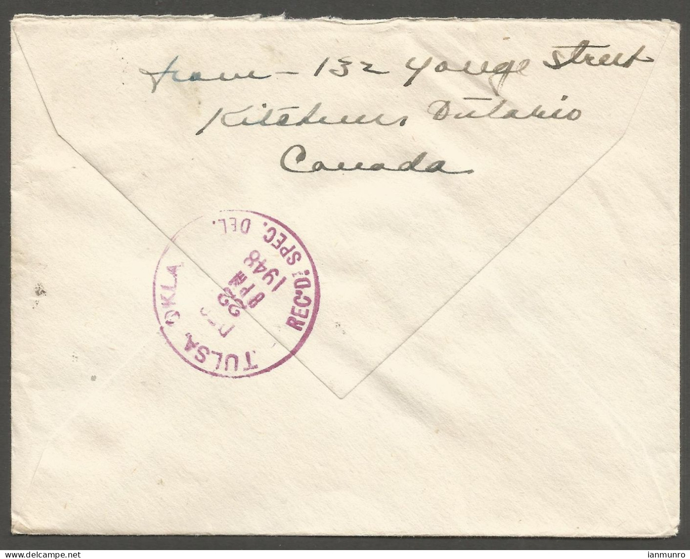 1948 Special Delivery Airmail Cover 17c #E11 CDS Kitchener Ontario To USA - Postgeschiedenis