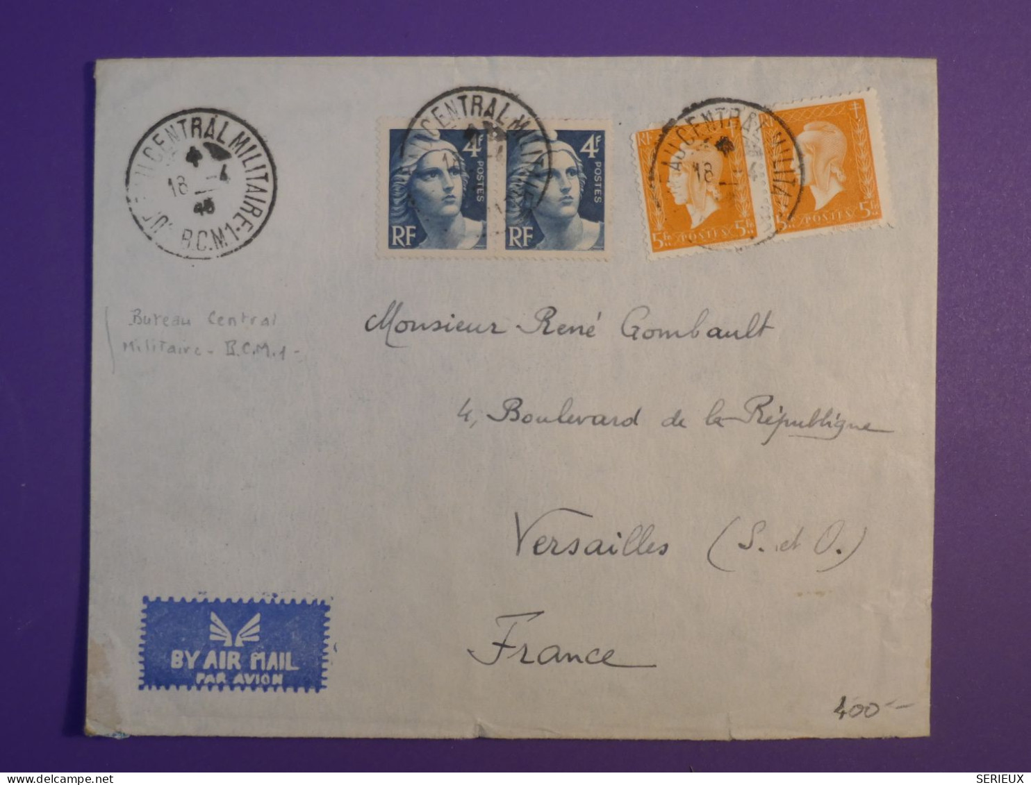 AB0 LIBAN OCC. MILITAIRE FRANCAISE  BELLE  LETTRE RARE 1923  BEYROUTH A  VERSAILLES + 2 PAIRES DE TP +DULAC ++ - Brieven En Documenten