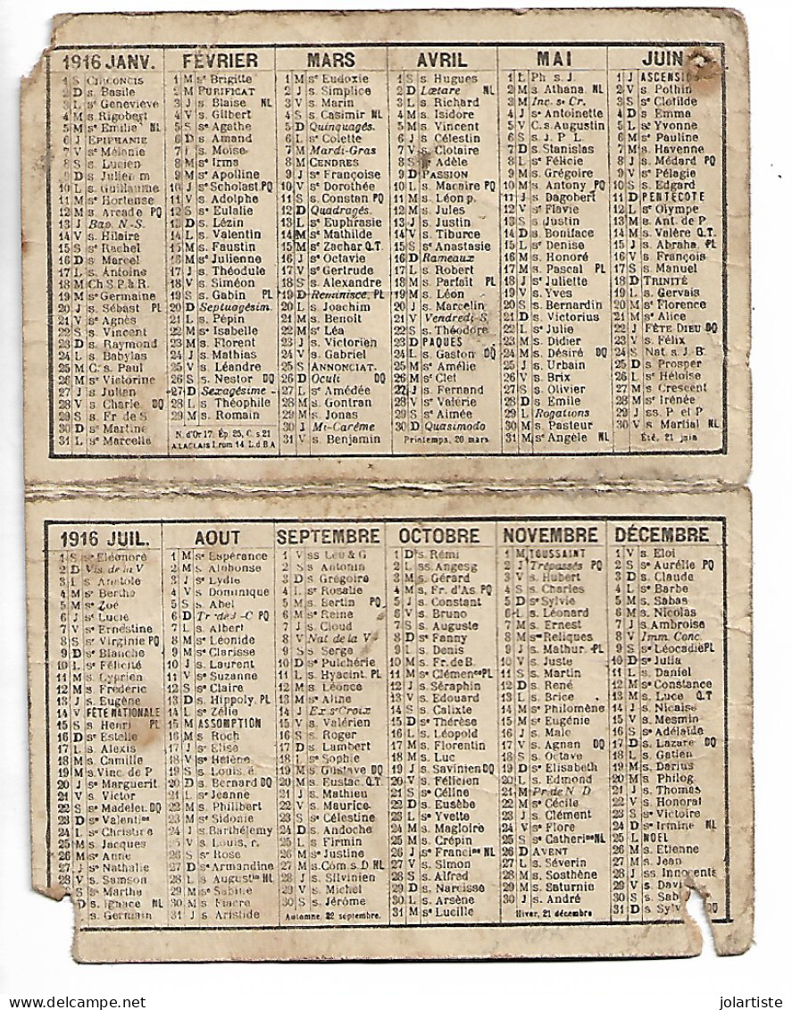 Militaria 1916 Petit Calendrier Qui A Souffert Au Front  Document ? N0164 - Petit Format : 1901-20