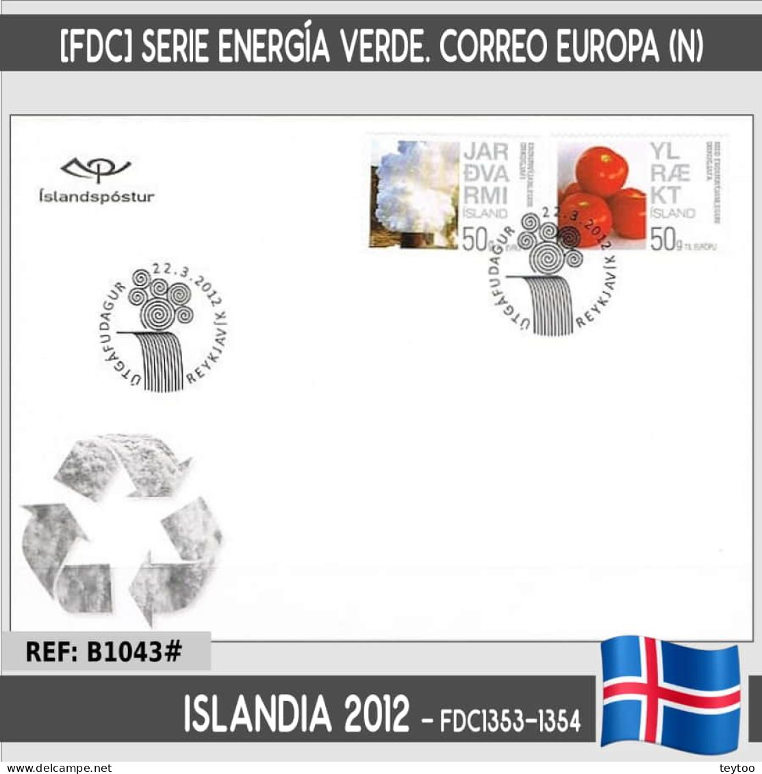 B1043# Islandia 2012 [FDC] Energía Verde. Correo Europa (N) - FDC