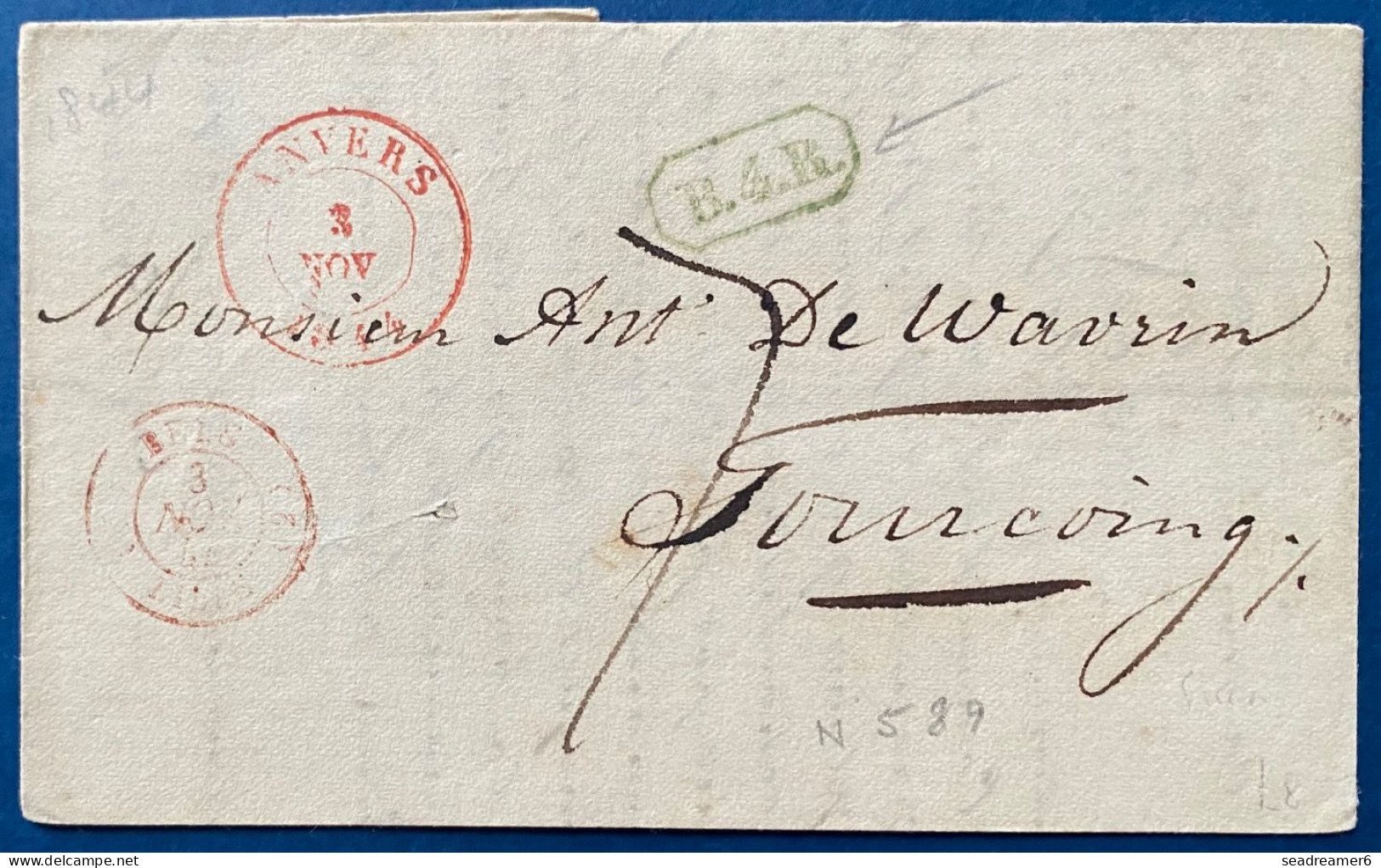 LETTRE 1844 Càd " ANVERS " + Càd Entrée N°589 " BELG. / (2) LILLE (2) " + (B4R) Vert + Taxe 7 Pour TOURCOING TTB - 1830-1849 (Belgique Indépendante)