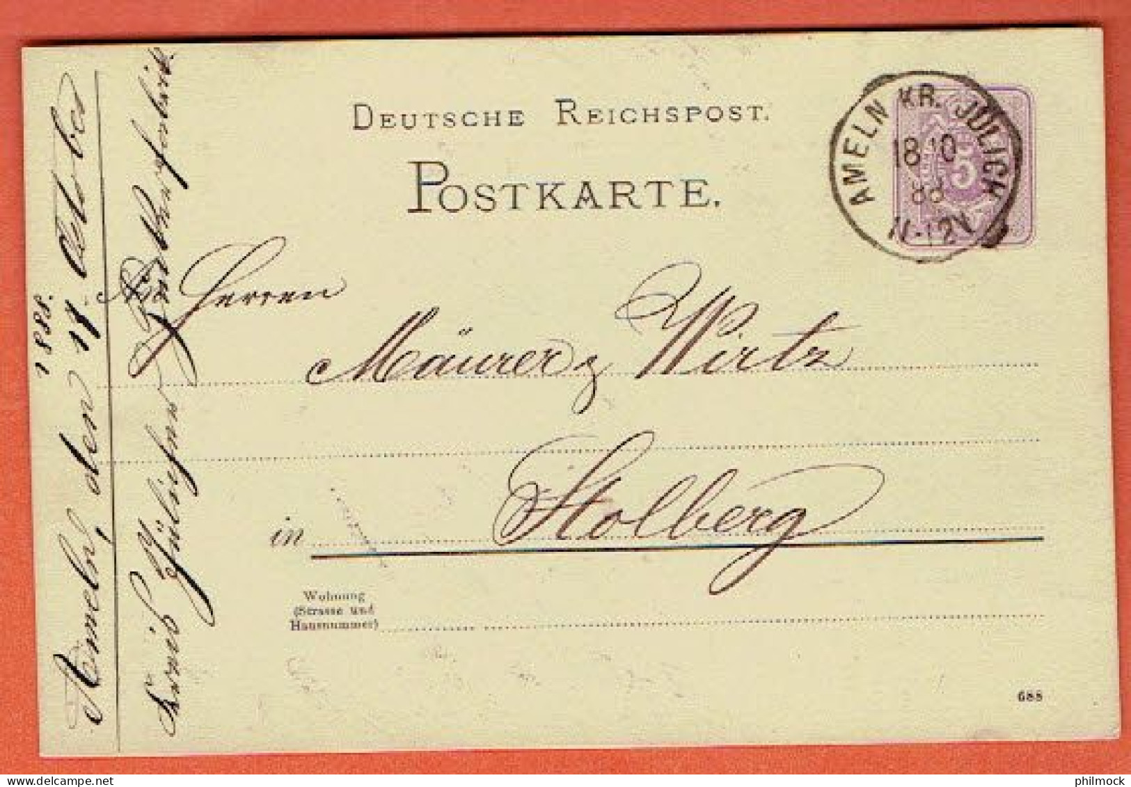 1 - Hman - Allemagne Entier Postal N°688 -Titz - Ameln-Julich 1888 - Vers Stolberg - Juelich