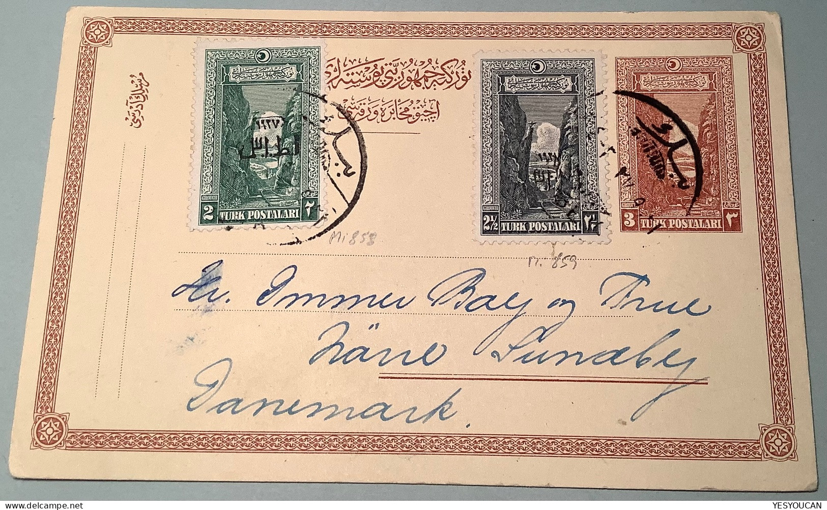 SMYRNA FIRST EXHIBITION 1927 OVPT (Mi.858-859) RARE USAGE On Turkey Postal Stationery>Denmark (cover - Lettres & Documents