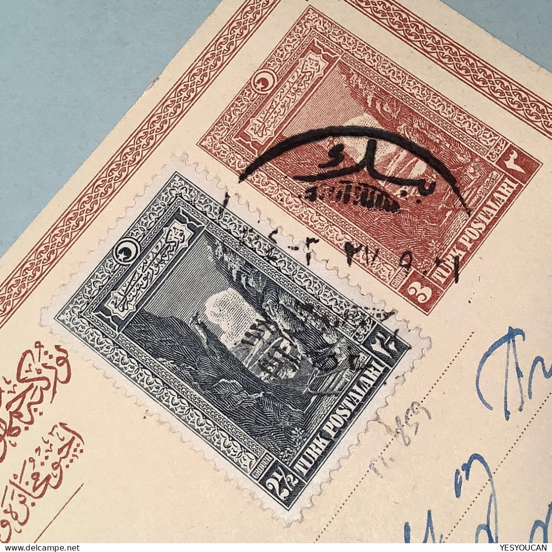 SMYRNA FIRST EXHIBITION 1927 OVPT (Mi.858-859) RARE USAGE On Turkey Postal Stationery>Denmark (cover - Briefe U. Dokumente