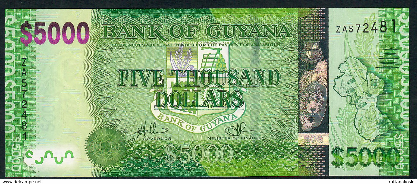 GUYANA P40a 5000 DOLLARS 2013 #ZA REPLACEMENT Signature 14 (first Signature ) UNC. - Guyana