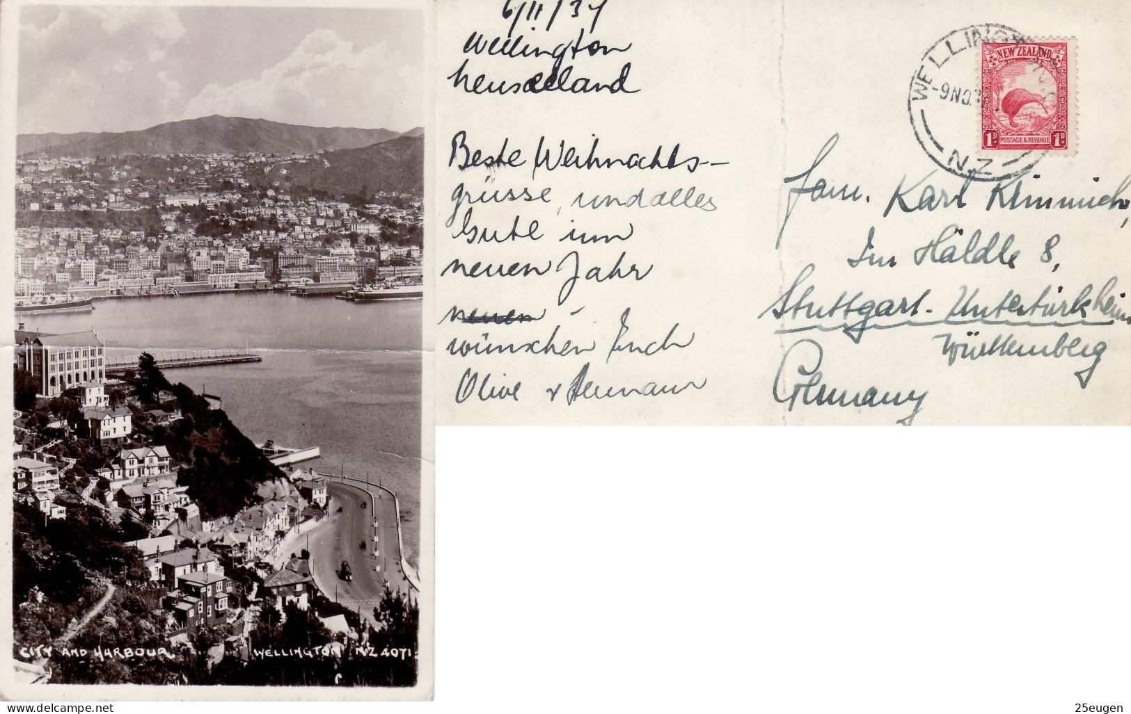 NEW ZEALAND 1937 POSTCARD SENT FROM WELLINGTON TO STUTTGART - Cartas & Documentos