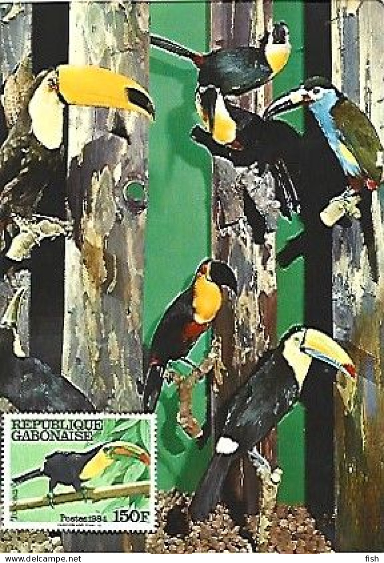 Gabon & Postcard With Stamp, Museum De Geneve, Toucans, Aulacorhynchus Wagleri (6868) - Coucous, Touracos