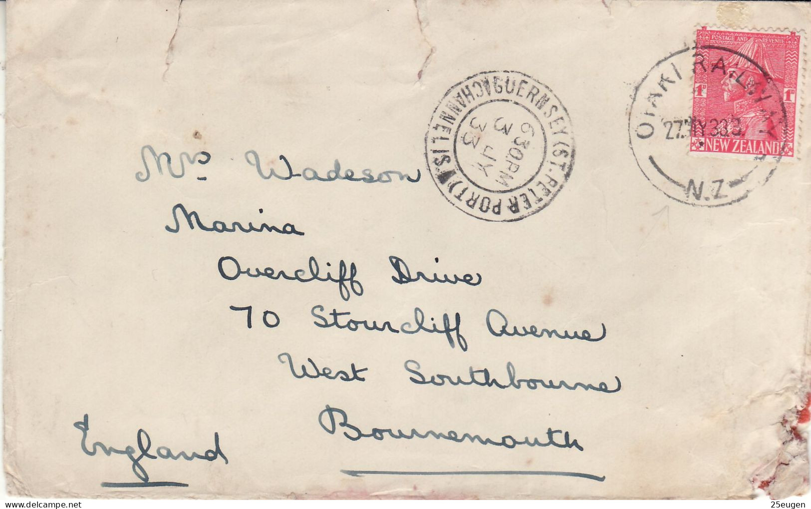 NEW ZEALAND 1933 LETTER SENT TO BOURNEMOUTH - Covers & Documents