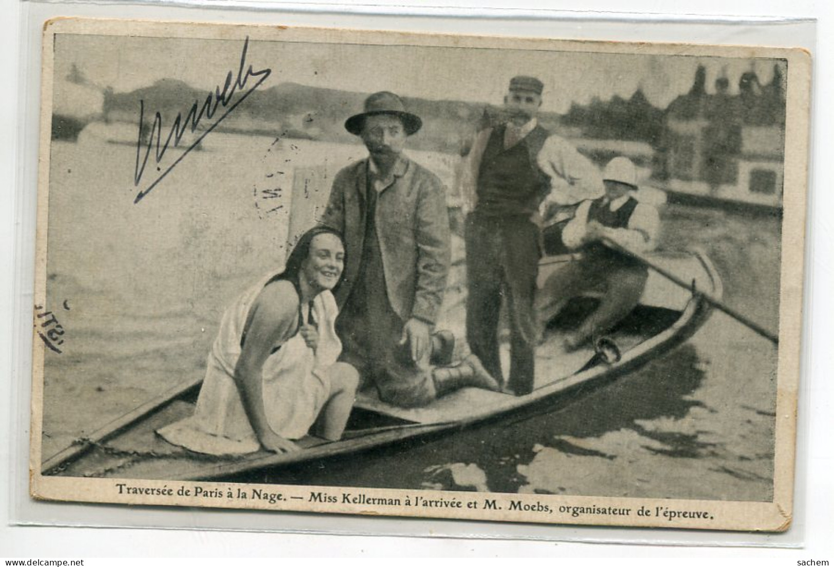 NATATION  Traversée Paris à La Nage Miss Kellermann Arrivée M Moebs Organisateur épreuve 1906 Timb   D09 2022 - Schwimmen