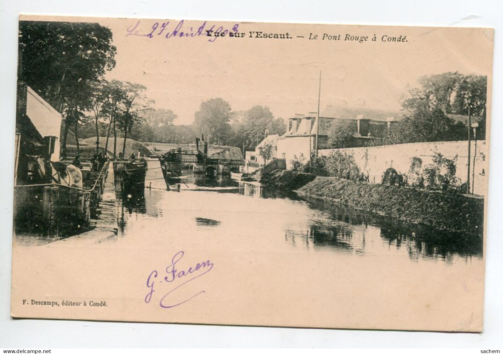 59 CONDE Sur L'ESCAUT Le Pont Rouge Cheval De Halage 1903 écrite  Timbrée  Edit F Descamps    D10 2022 - Conde Sur Escaut