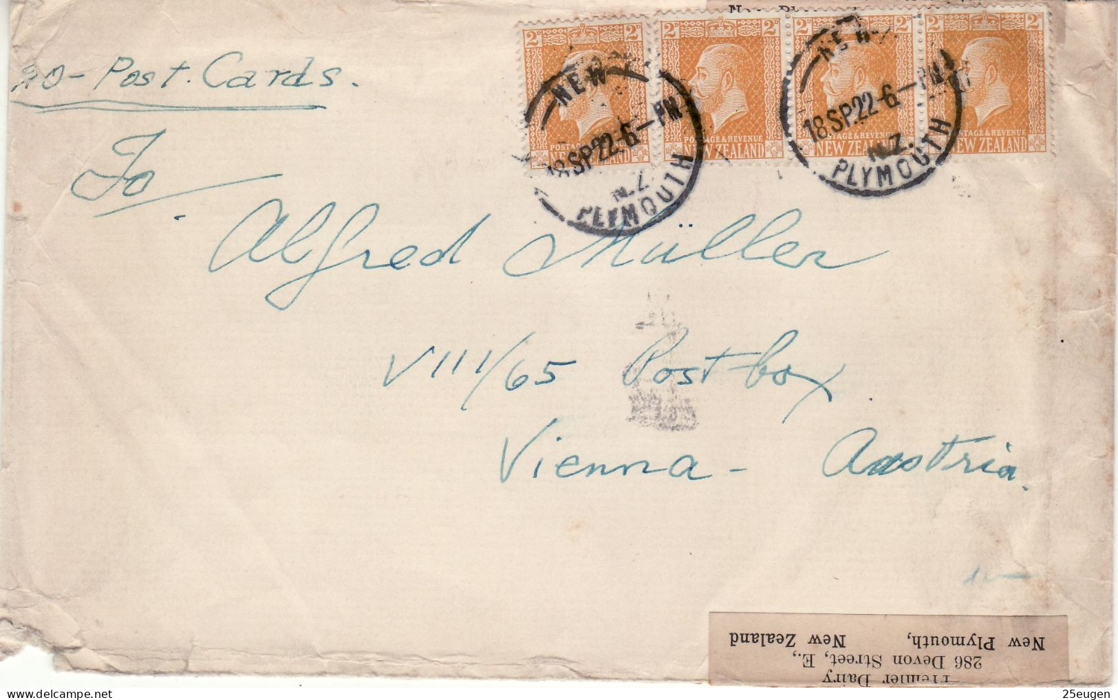 NEW ZEALAND 1922 LETTER SENT FROM PLYMOUTH TO VIENNA - Storia Postale