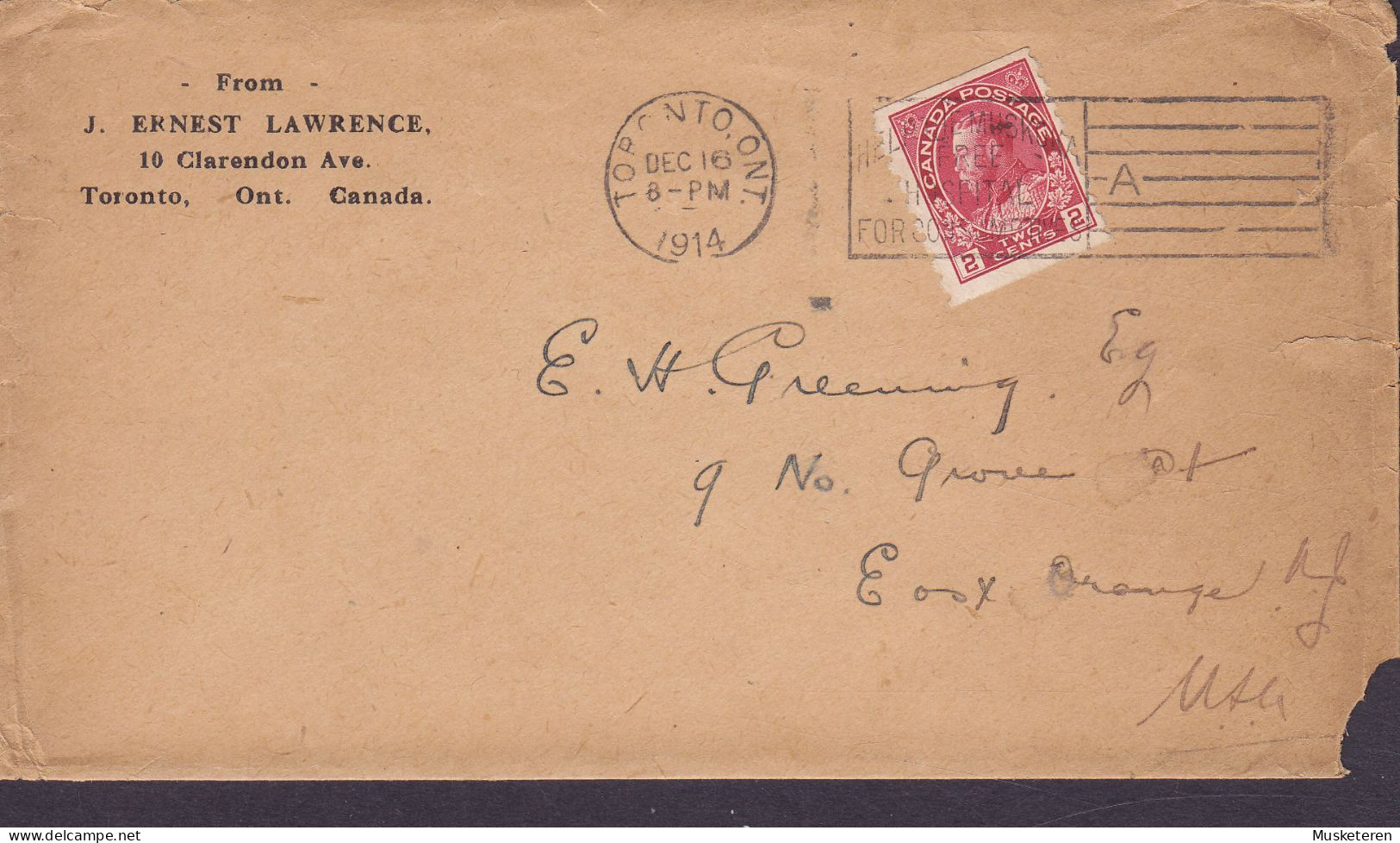 Canada J. ERNEST LAWRENCE, TMS Cds. TORONTO Ont. 1914 Cover Brief Lettre 2-Sided Perf. 8, GV. Stamp - Cartas & Documentos