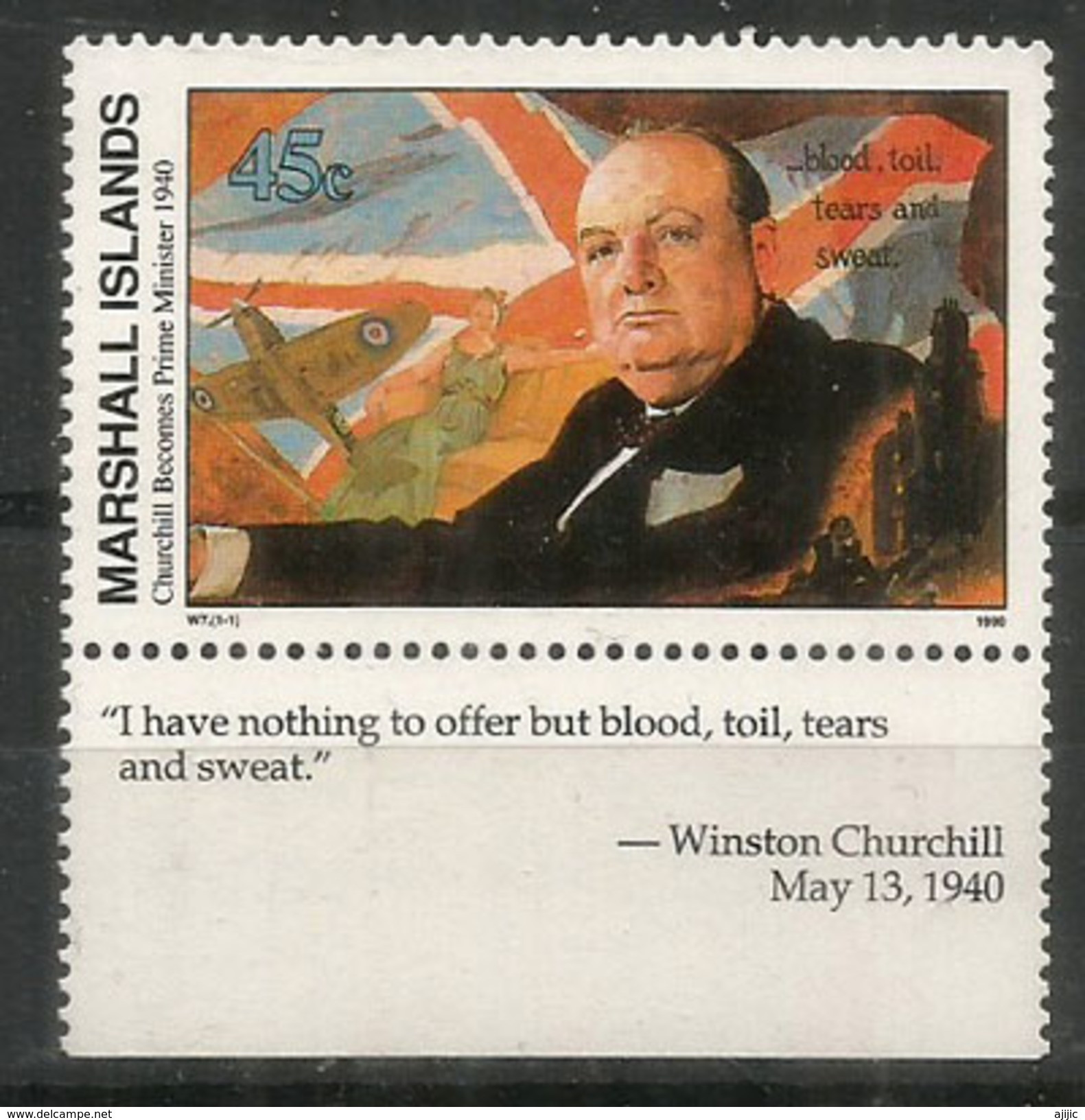 Churchill Devient Premier Ministre  1940   1 T-p Neuf ** Avec Vignette (Phrase Célèbre Du 13 Mai 1940) - Marshall