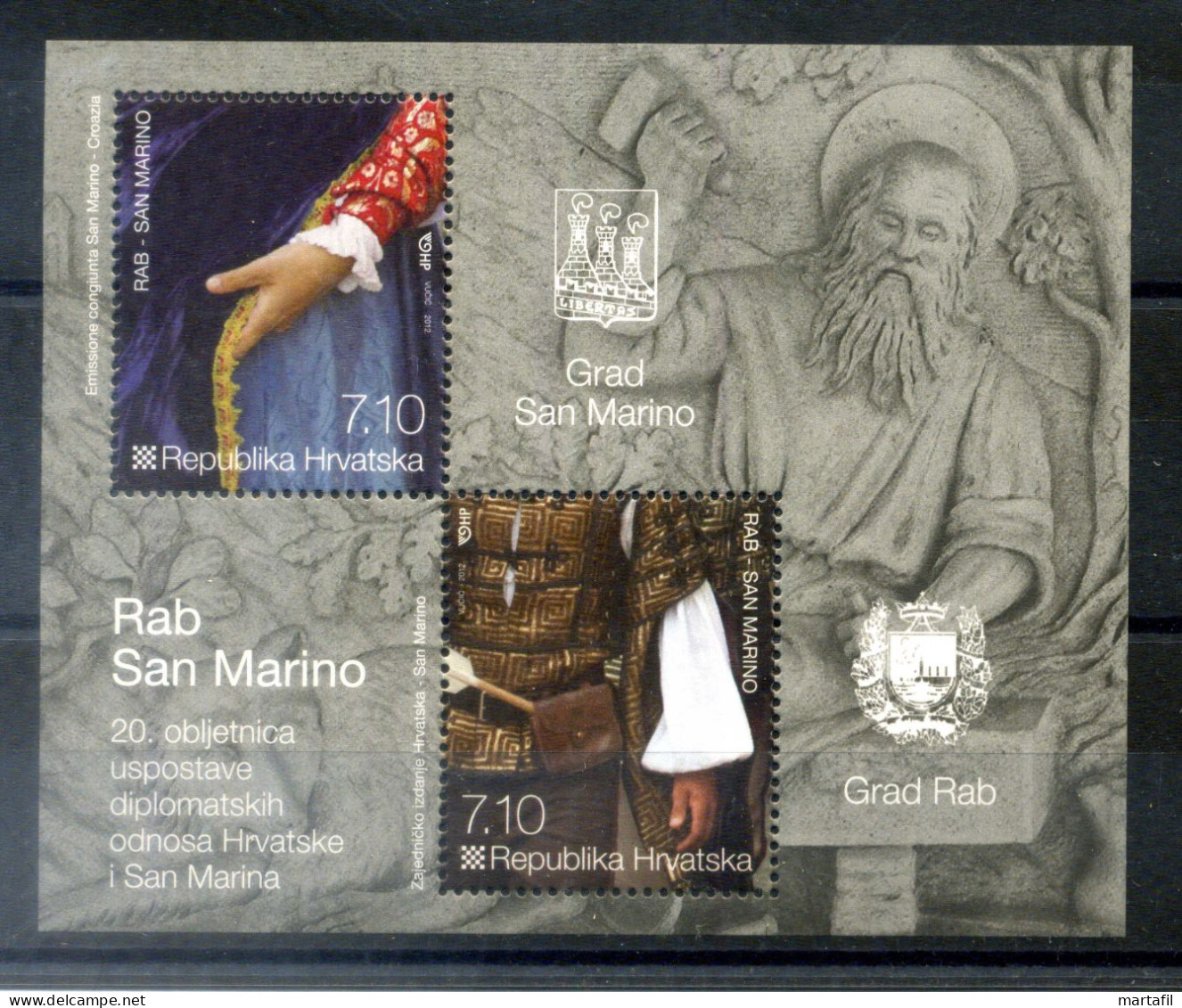 EMISSIONE CONGIUNTA San Marino - 2012 CROAZIA BF 49 MNH ** Relazioni Diplomatiche - Varietà & Curiosità