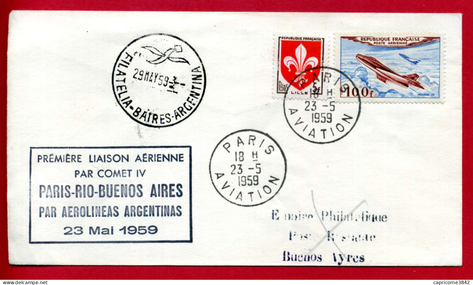 1959 -Cachet "1ere LIAISON AERIENNE PAR COMET IV PARIS-RIO-BUENOS.." Oblit. "PARIS-AVIATION" Verso"NON RECLAME" - Primeros Vuelos