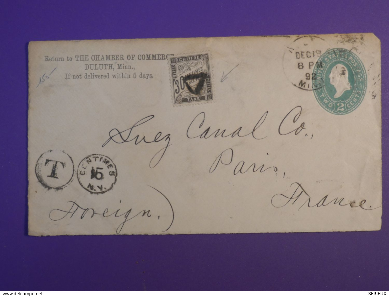 AB0 ETATS UNIS   LETTRE ENTIER DEVANT   1892  DULUTT A PARIS FRANCE +  + TAXES  30C + AFF. INTERESSANT+++ - Andere & Zonder Classificatie