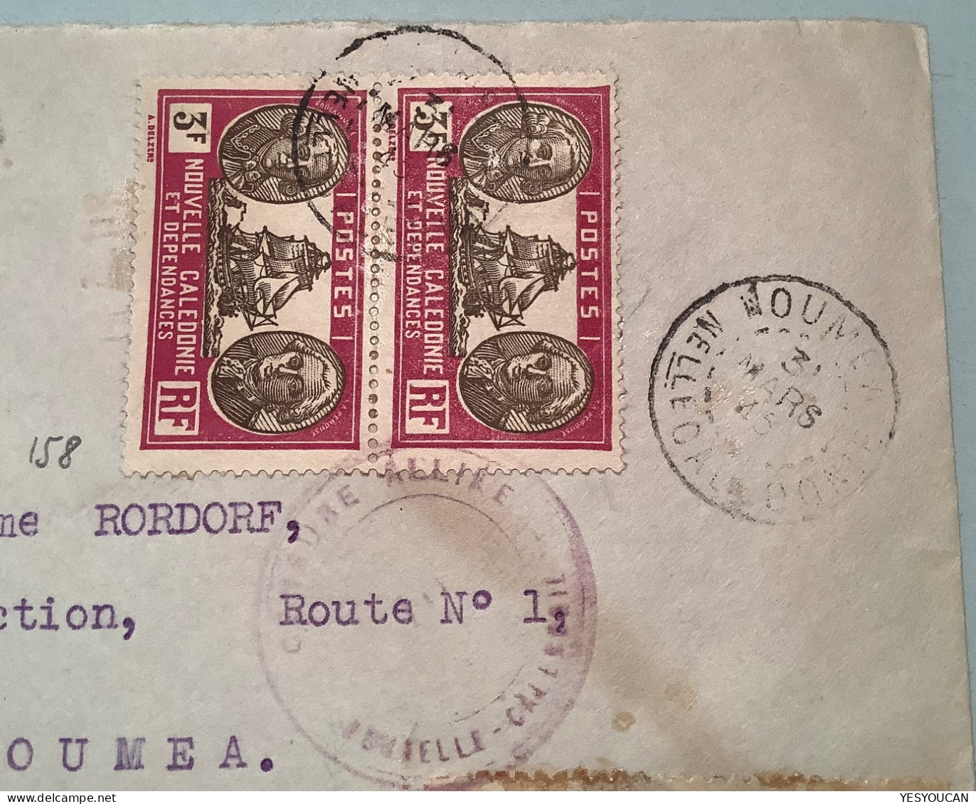 NOUMÉA 31.3.1945 Affr. Rare à 6f Bougainville&La Pérouse Explorateur Lettre AR+R+CENSURE LOCALE ! (cover New Calédonia - Brieven En Documenten