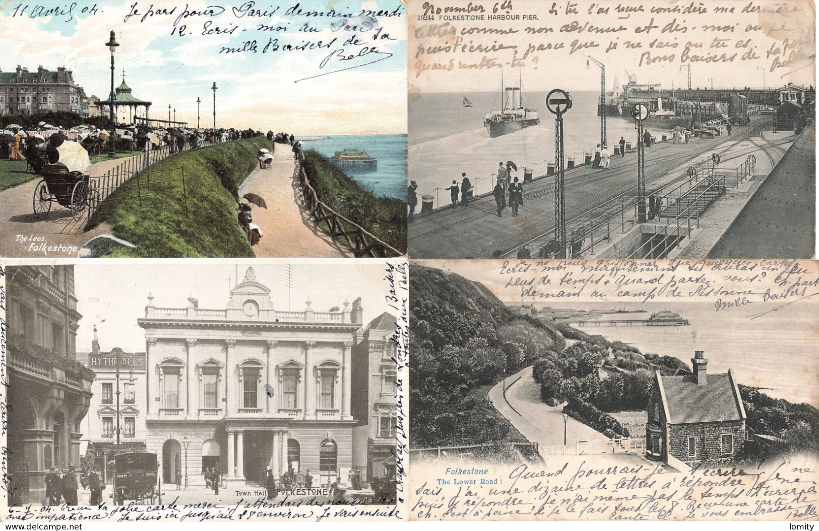 Lot 9 Cartes Postales CPA Folkestone The Lees , Town Hall , Harbour , Lower Road , Castle Hill Avenue , Church + Timbre - Folkestone