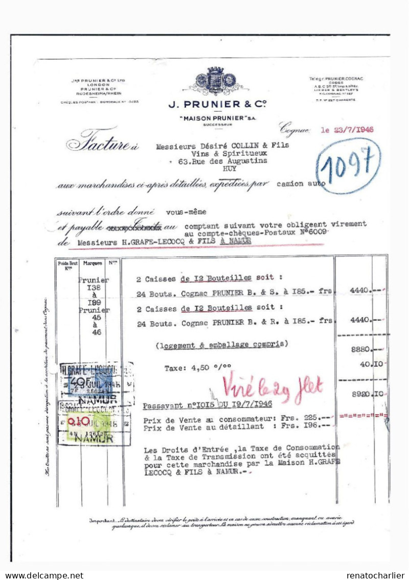 Facture Grafé-Lecoq,Namur à Collin Et Fils,Huy.Format: 27  X 21 Centimètres. - Documenti