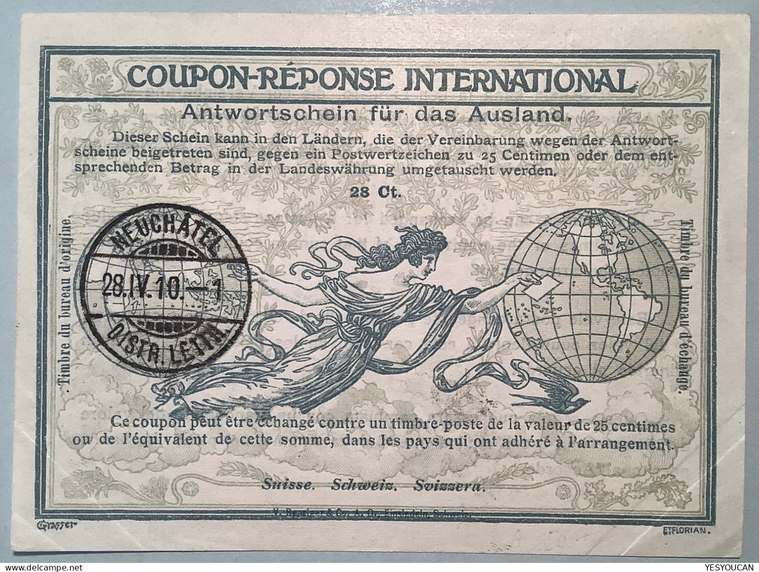 Schweiz Coupon-réponse International 28c NEUCHATEL 1910 (IRC IAS CRI Suisse Switzerland Rome Type Pigeon Birds Maps - Entiers Postaux