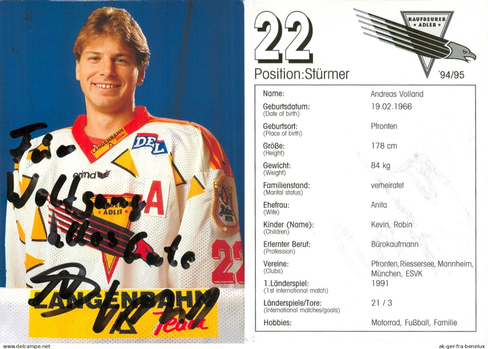 Autogramm Eishockey AK Andreas Volland Kaufbeurer Adler 94-95 ESV Kaufbeuren Pfronten Riessersee Hedos München Mannheim - Winter Sports