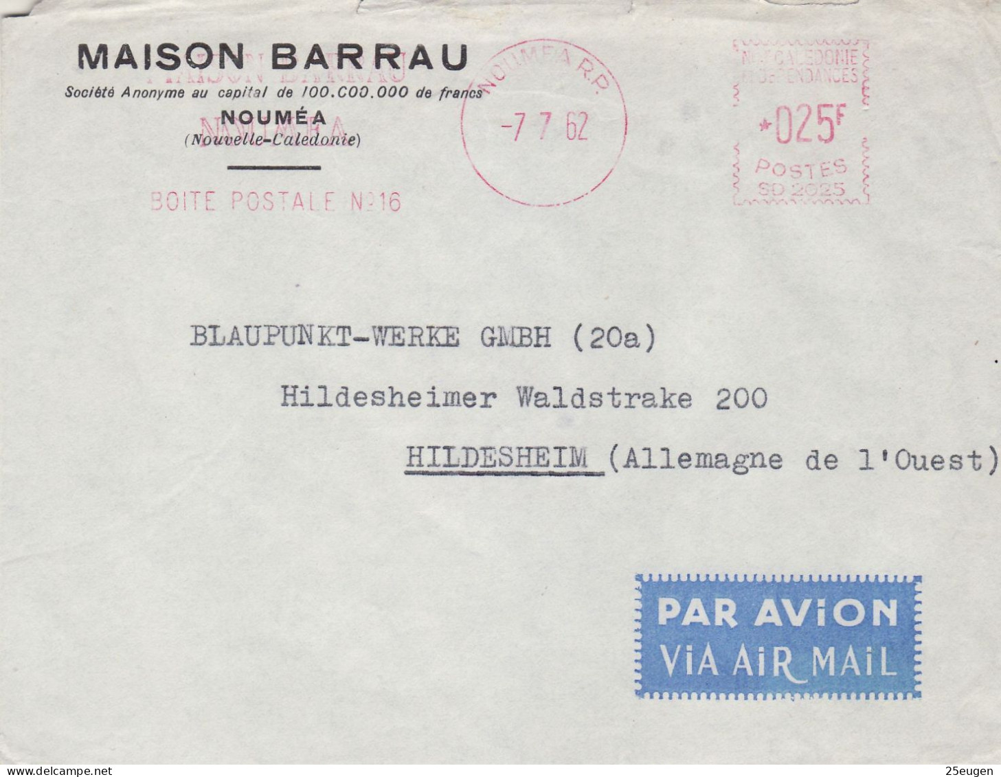 NEW CALEDONIA 1962 AIRMAIL LETTER SENT TO HILDESHEIM - Brieven En Documenten