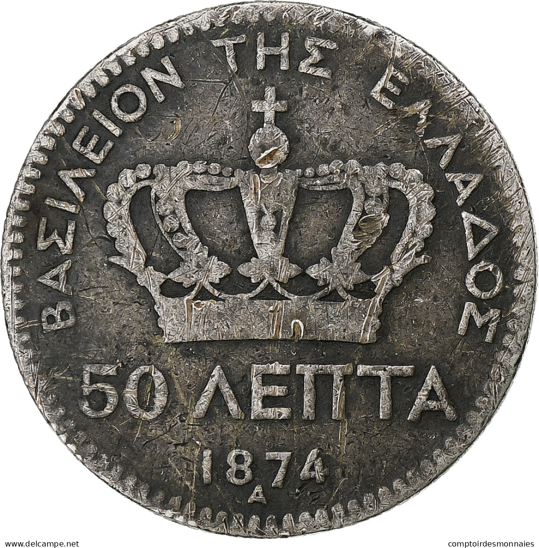 Grèce, George I, 50 Lepta, 1874, Paris, B+, Argent, KM:37 - Grèce
