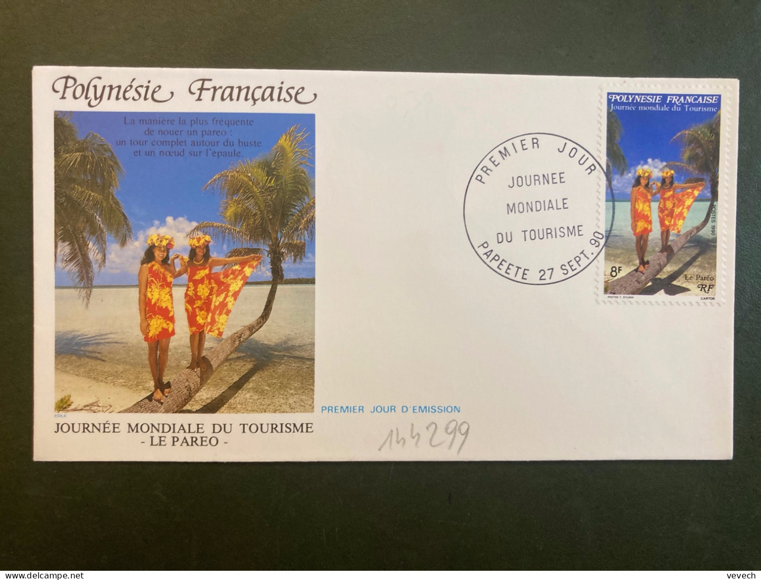 LETTRE TP JOURNEE MONDIALE DU TOURISME LE PAREO 8F OBL.27 SEPT 90 PAPEETE PREMIER JOUR - Covers & Documents