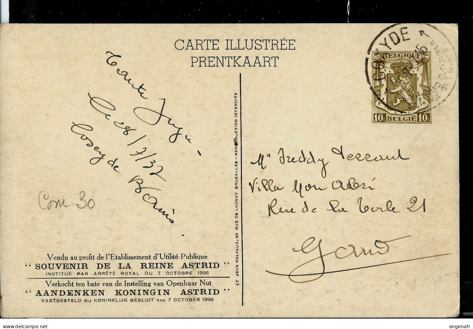 Carte Illustré Obl. N° 30. Vue : 6. Voyage Au Congo Du Couple Royale- Obl . COXYDE 20/071937 Pour Gand - Postkarten 1934-1951