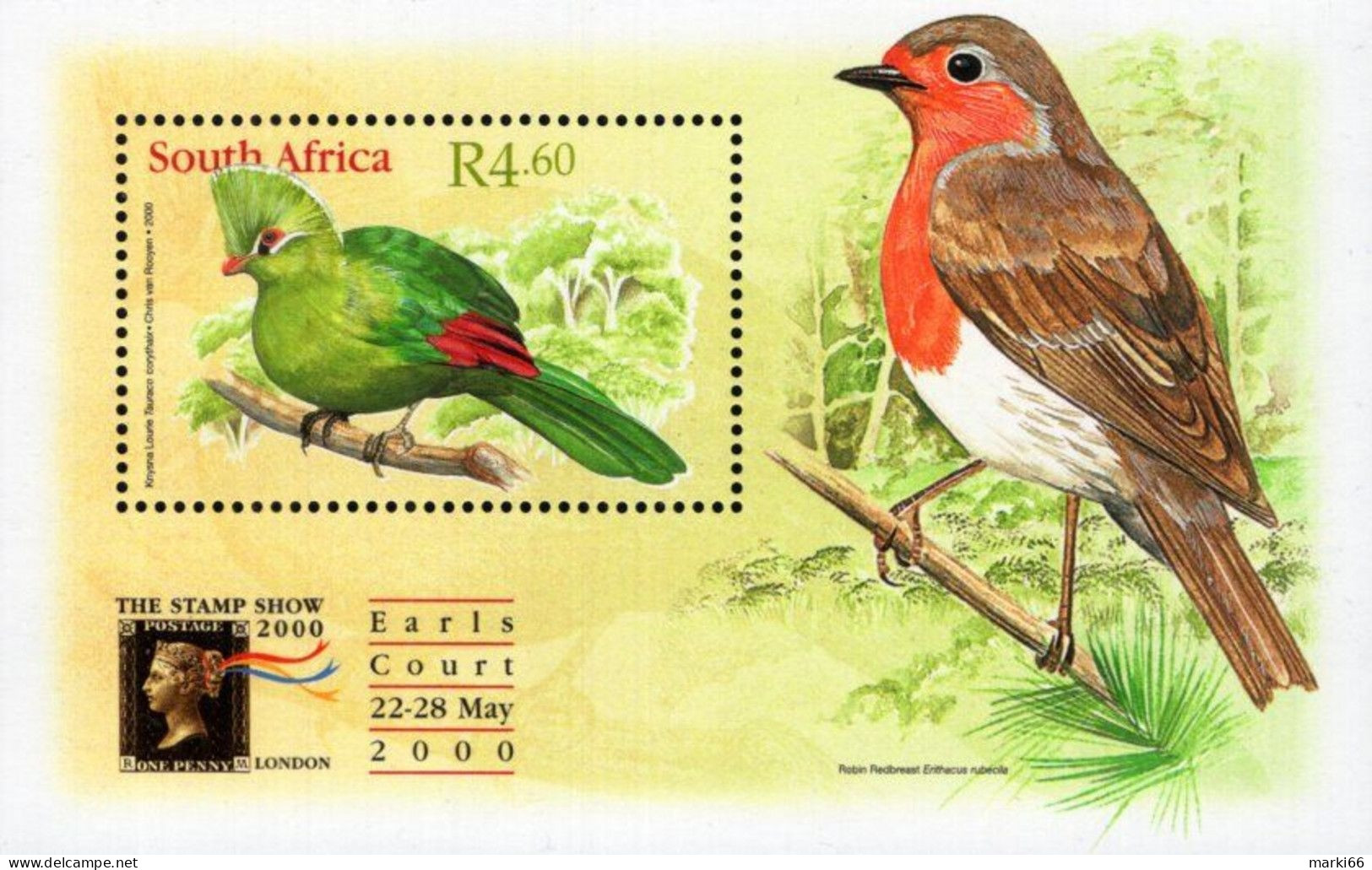 South Africa - 2000 - Birds - Knysna Lourie - Stamp Show London 2000 - Mint Souvenir Sheet - Nuovi