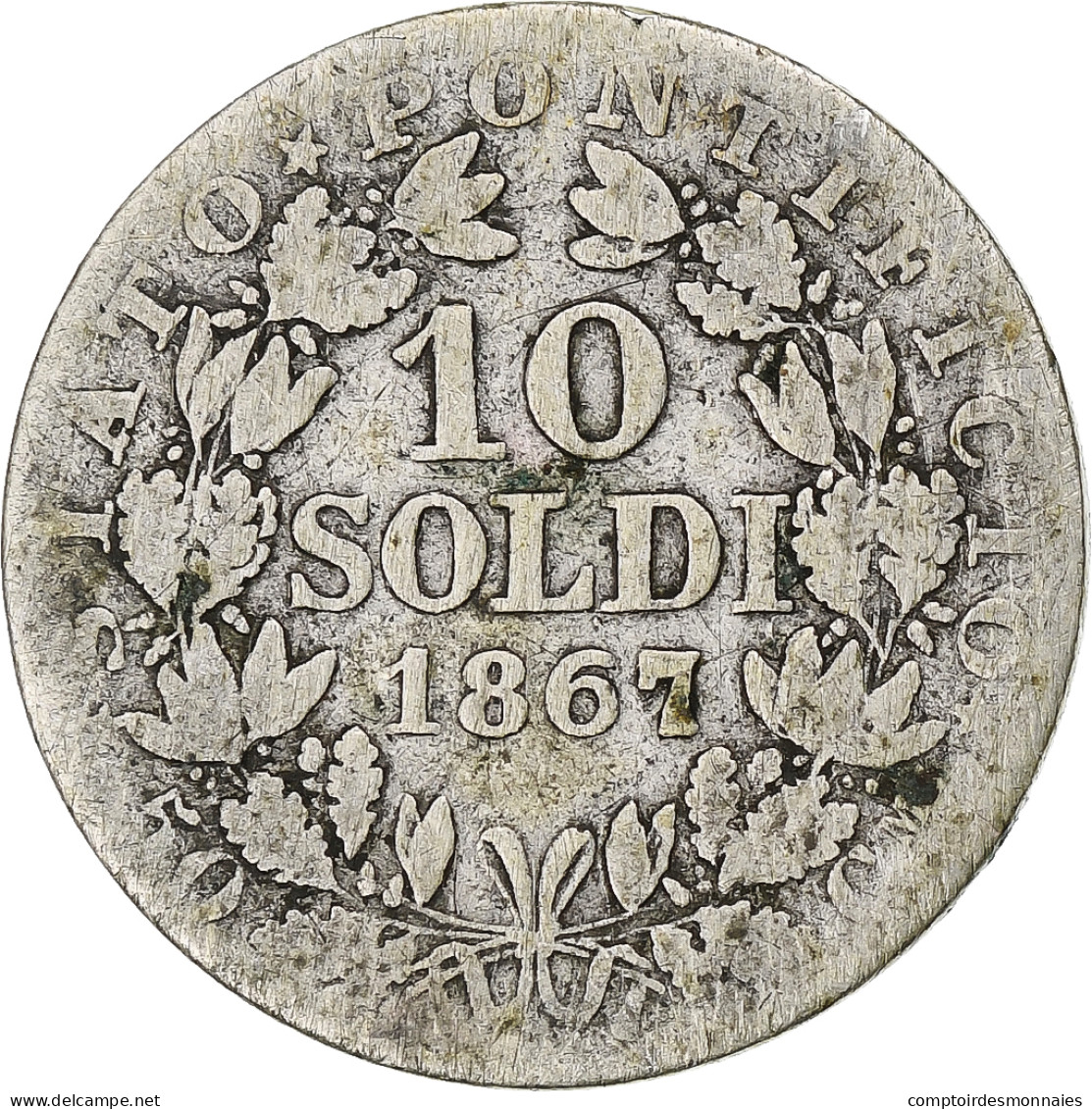 États Italiens, PAPAL STATES, Pius IX, 10 Soldi, 50 Centesimi, 1867, Roma, B+ - Vatican