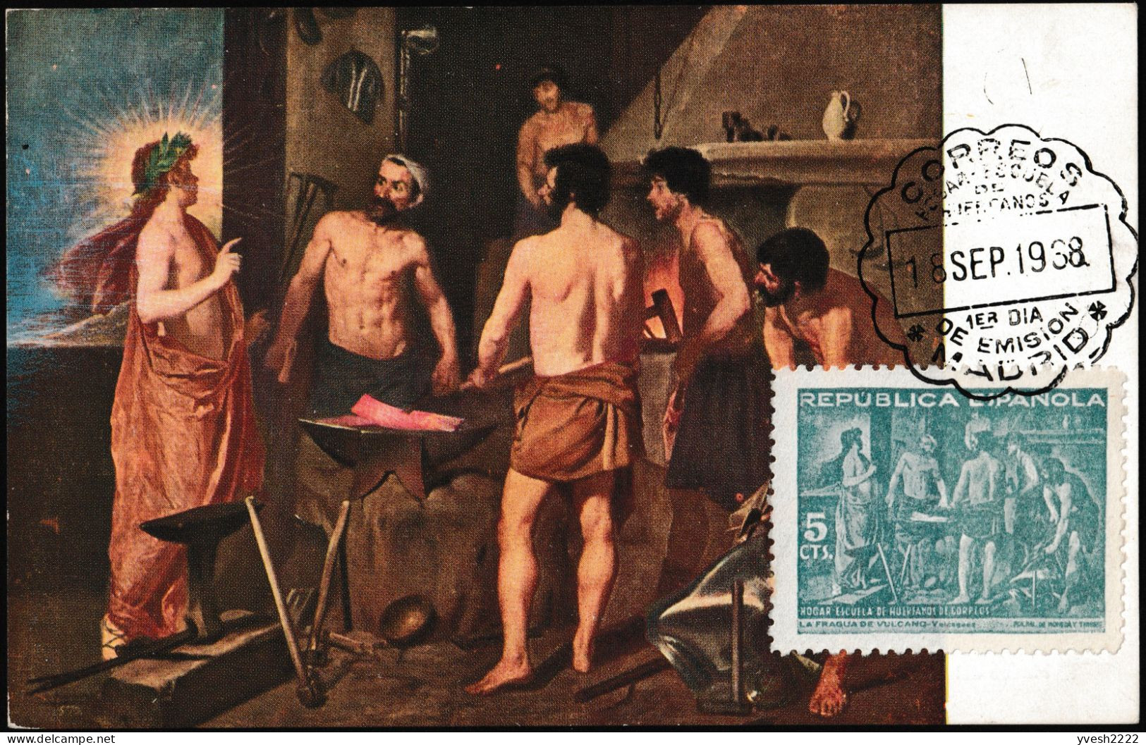 Espagne 1938 Y&T Bienf. 60. Peinture Sur CM, Diego Velázquez, La Forge De Vulcain - Mythologie