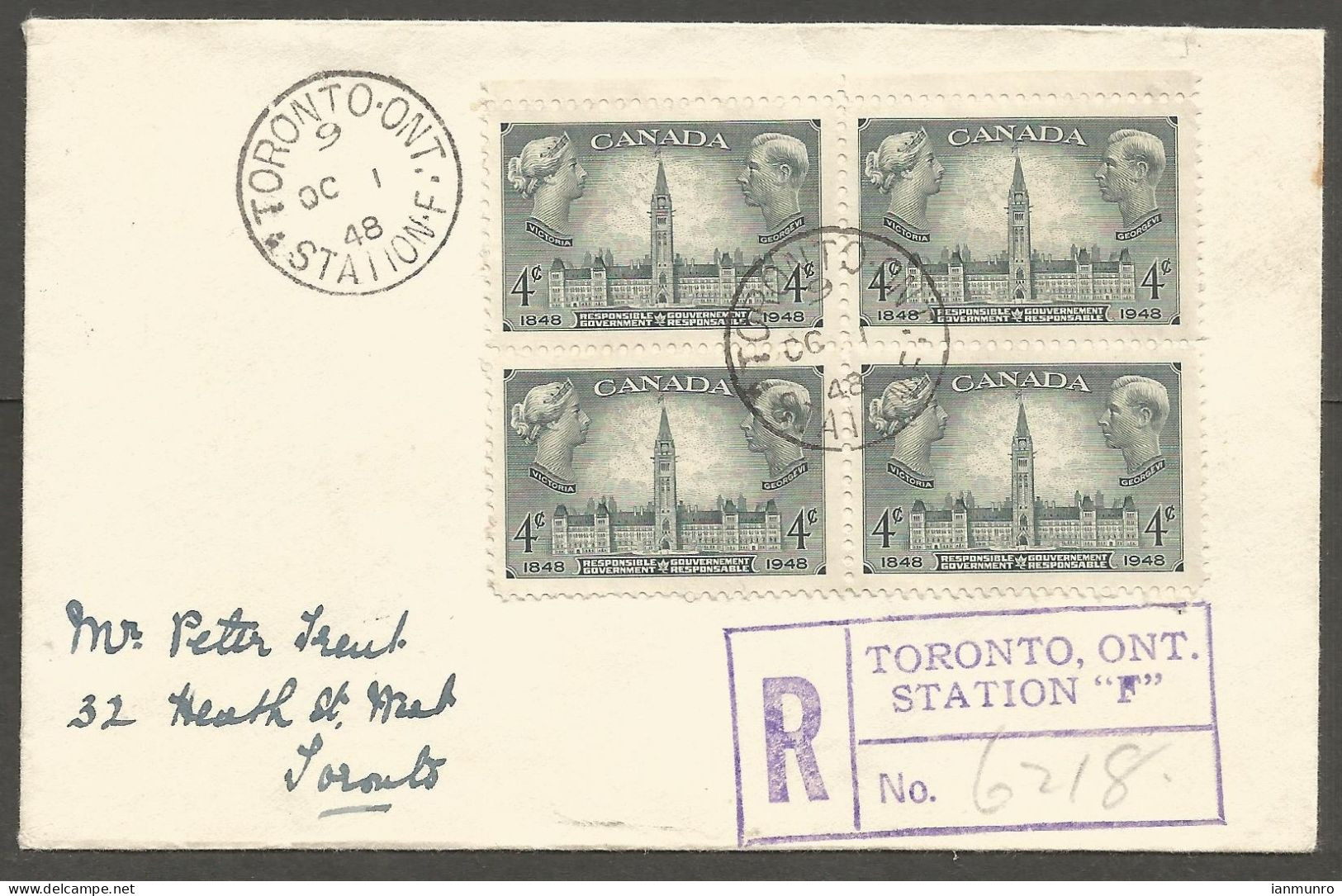 1948 FDC Registered Cover Block Of 4c Responsible Govt #277 CDS Toronto Stn F Ontario - Historia Postale