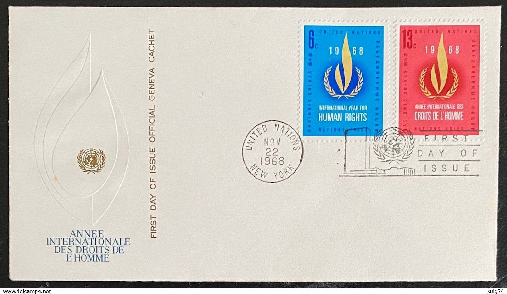 NAZIONI UNITE GINEVRA 1968 FDC "DIRITTI UMANI"  MOLTO BELLA - UNITED NATIONS  GENEVA "HUMAN RIGHTS" FDC VERY FINE - Cartas & Documentos